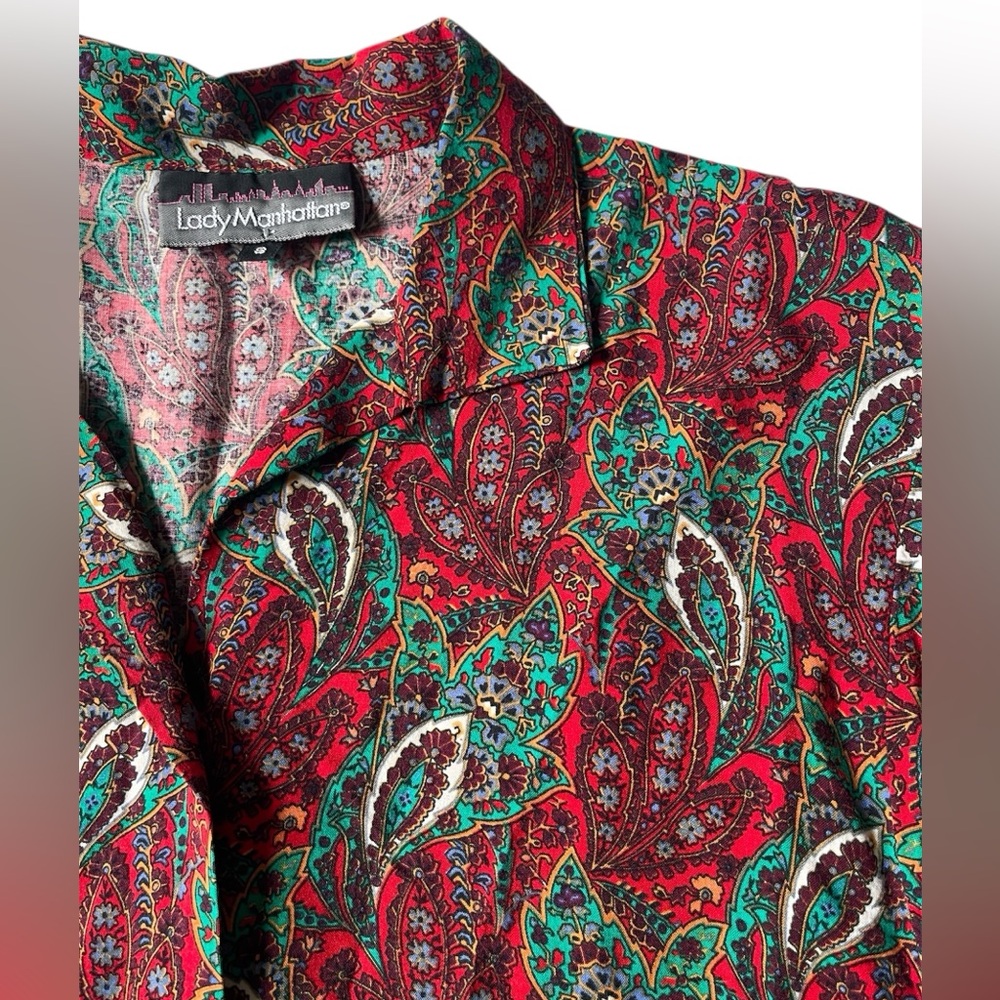 Vintage 80s 90s Grannycore Paisley Button Down Blouse Shirt Holiday Sz 8 M